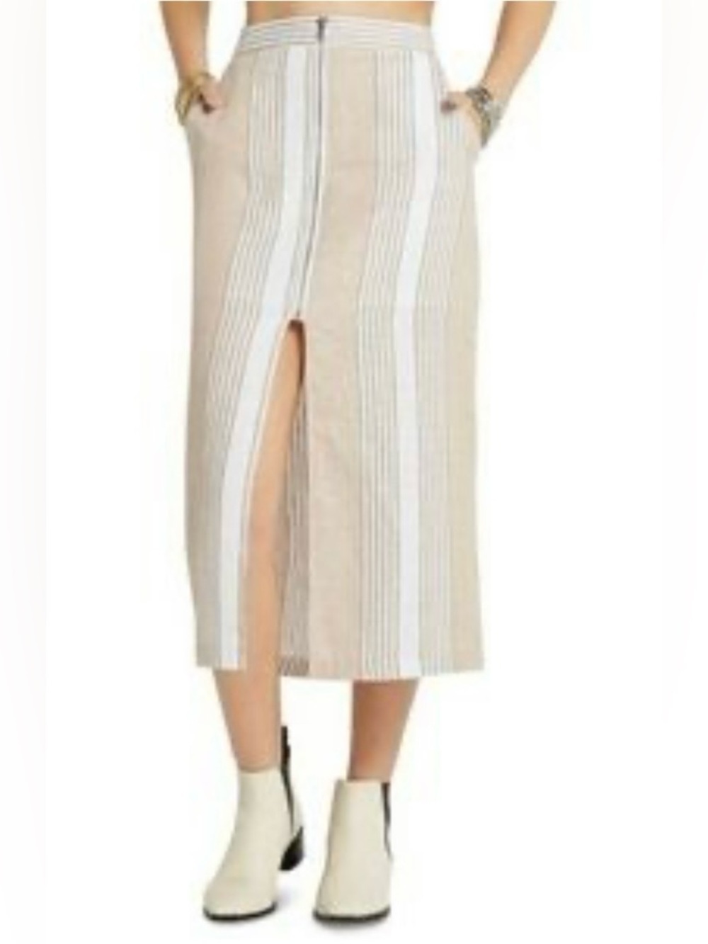 BCBGeneration Beige Striped Midi vacation Skirt with slit and pockets - Picture 2 of 8